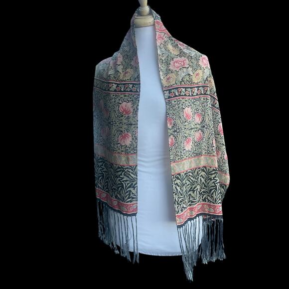 SALDARINI 100% Silk Floral Botanical Fringe Scarf Wrap Made in Italy - Picture 2 of 15